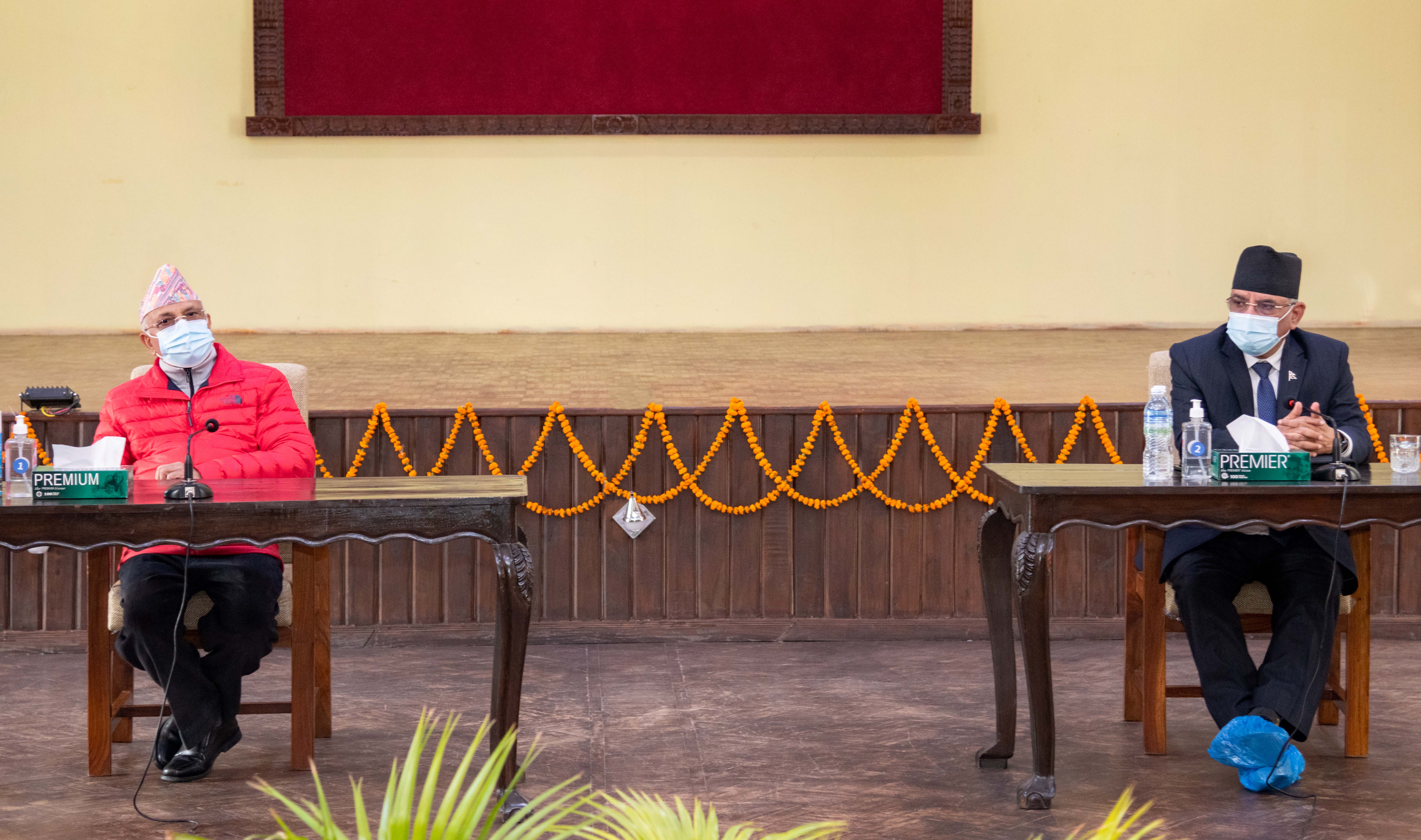 NCP co-chairs Prime Minister KP Sharma Oli and Pushpa Kamal Dahal are pictured amid the party's secretariat meeting held on Saturday, December 5, 2020. Photo Courtesy: Rajan Kafle