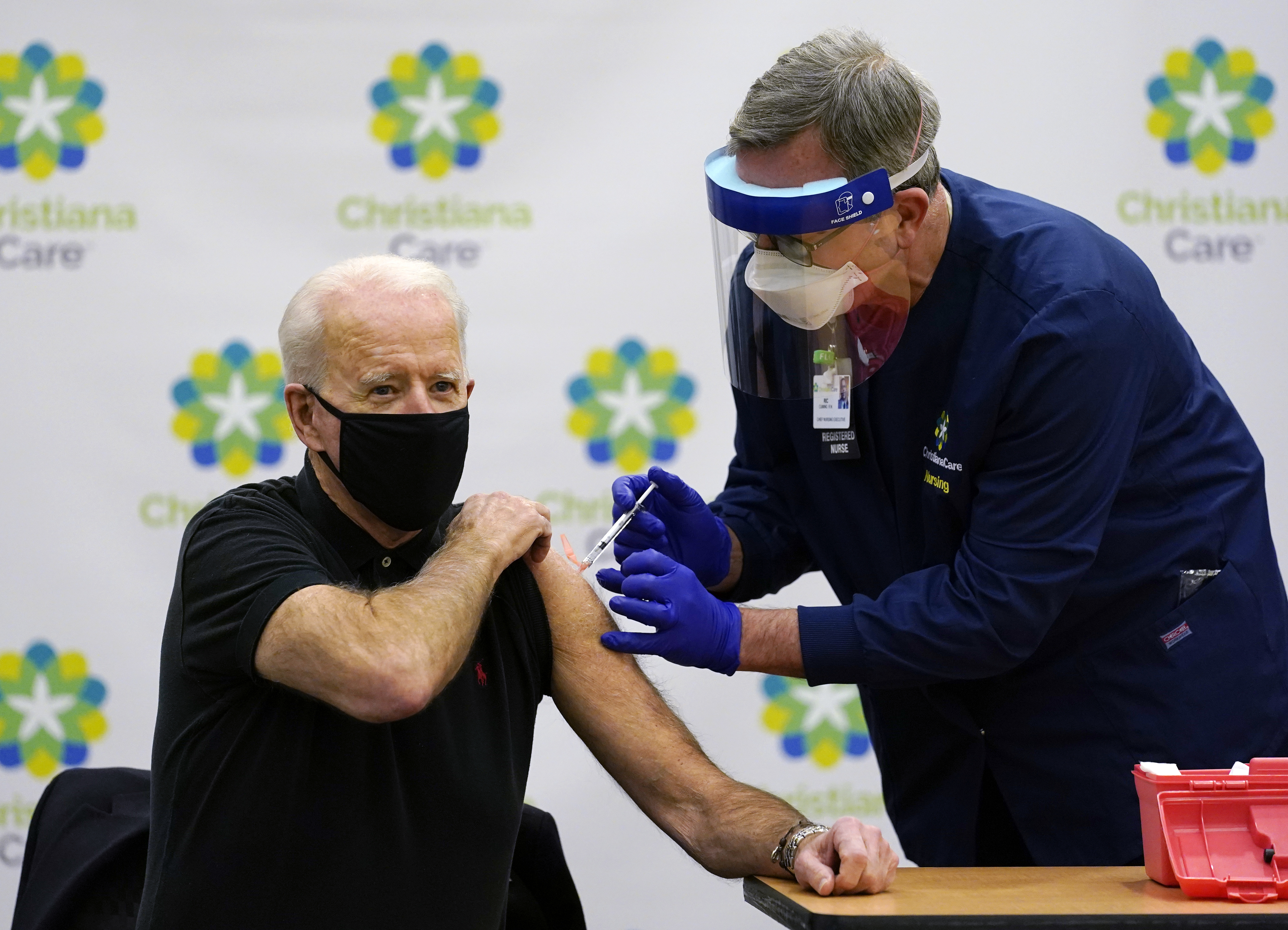 President-elect Joe Biden receives his second dose of the coronavirus vaccine at ChristianaCare Christiana Hospital in Newark, Del., Monday, Jan. 11, 2021. The vaccine is being administered by Chief Nurse Executive Ric Cuming. Photo: AP