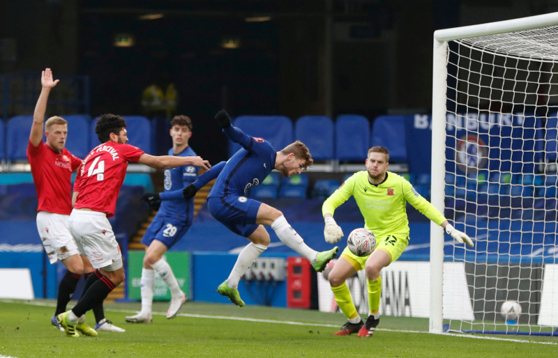Chelsea's Timo Werner scores their first goal during FA Cup Third Round match between Chelsea and Morecambe, at Stamford Bridge, in London, Britain, on January 10, 2021. Photo:   Action Images via Reuters
