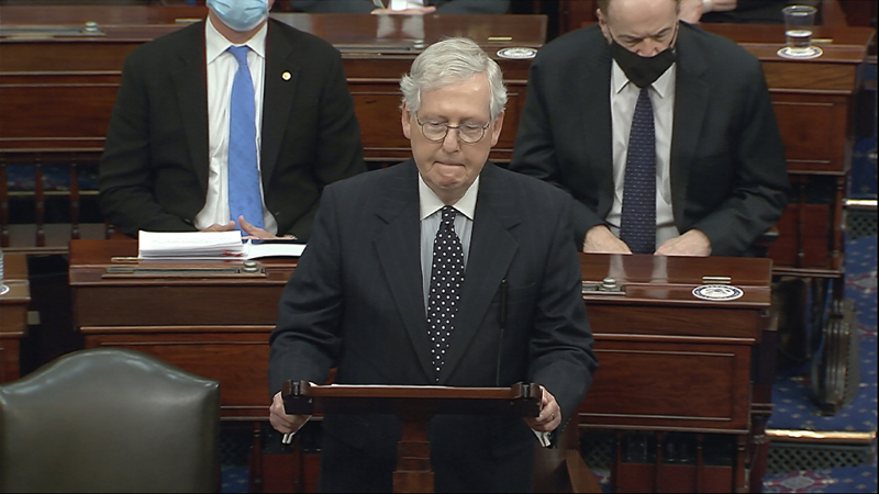 In this image from video, Senate Majority Leader Mitch McConnell of Ky., speaks as the Senate reconvenes after protesters stormed into the U.S. Capitol on Wednesday, Jan. 6, 2021. Photo: Senate Television via AP