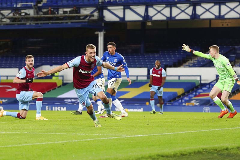 West Ham's Tomas Soucek celebrates after scoring his side's opening goal during the English Premier League soccer match between Everton and West Ham at Goodison Park in Liverpool, England, on Friday, January 1, 2021. Photo: Peter Byrne,Pool via AP