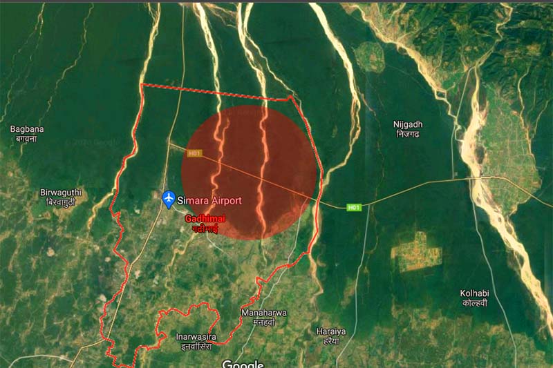 The highlighted spot shows the location in Adhabhar forest in Gadhimai area of Jitpur Simara Sub-metropolitan City-1 of Bara district. An adult female tiger was killed as a car hit the animal on Saturday, January 2, 2021. Image: Google Maps