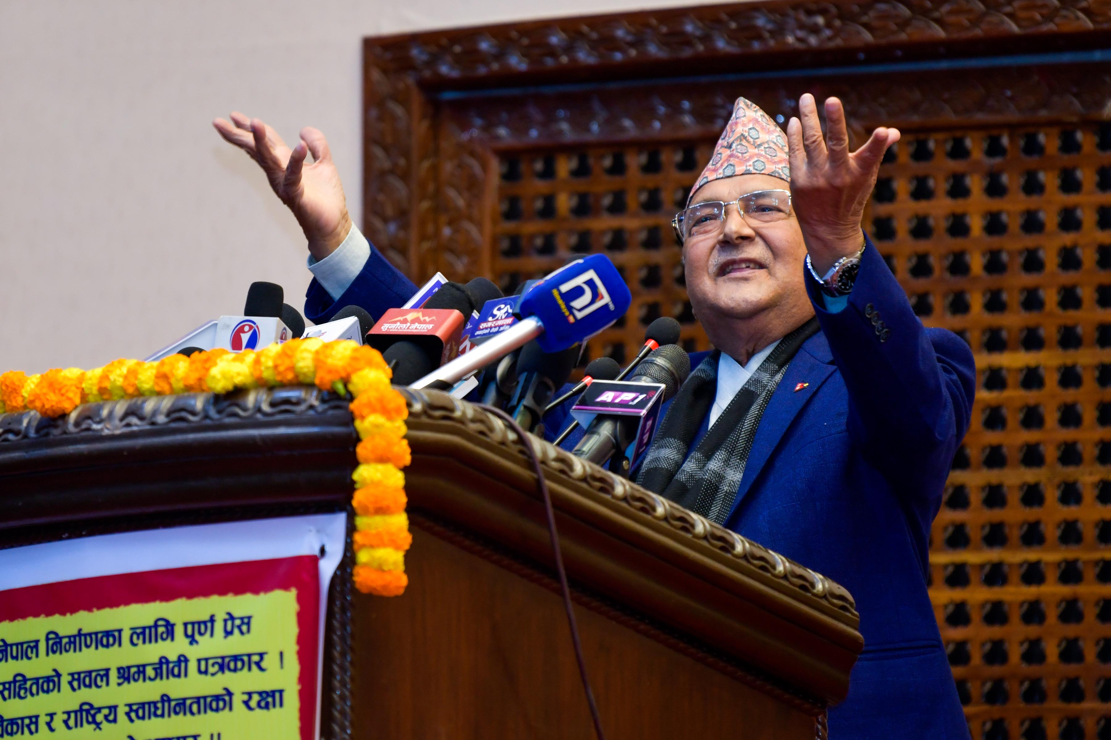 Prime Minister KP Sharma Oli addresses the second General Assembly of Press Organisation Nepal, in Kathmandu, on Thursday, January 21, 2021. Courtesy: Rajan Kafle