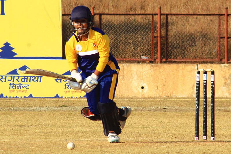 Kajal Shrestha of Province-1 plays a shot against Gandaki during their Sagarmatha Cement PM Cup Womenu2019s National Cricket Tournament match in Dang on Thursday, December 31, 2020. Photo: THT