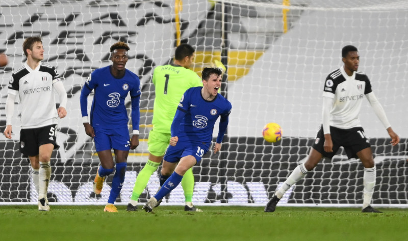 Chelsea's Mason Mount celebrates scoring their first goal during the Premier League match between Fulham and Chelsea, at Craven Cottage, in London, Britain, on January 16, 2021. Photo:  Pool via Reuters