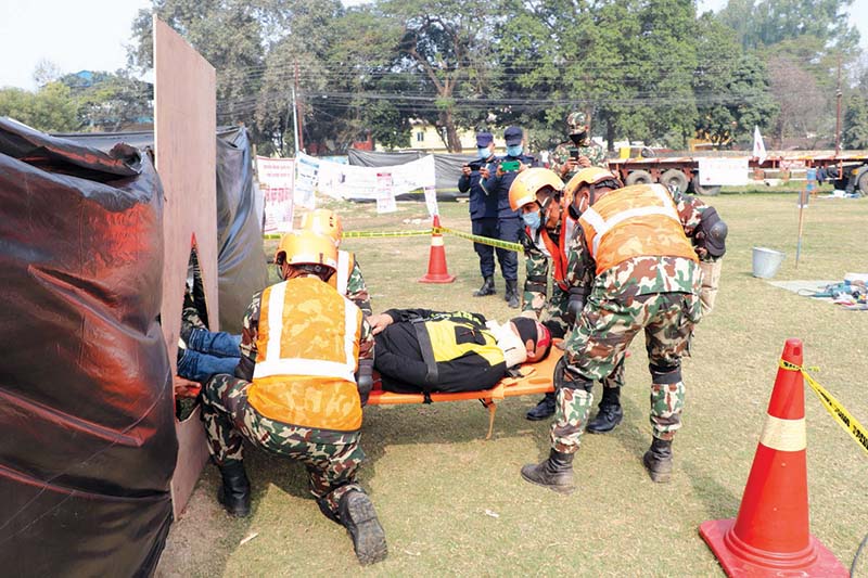 Nepali Army soldiers participating in earthquake safety drill organised on the occasion of the 23rd Earthquake Safety Day, in Bharatpur, on Friday, January 15, 2021. Photo: RSS