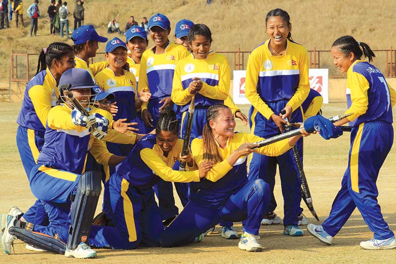Province-1 team members celebrate after winning the Sagarmatha Cement PM Cup Womenu2019s National Cricket Tournament at the proposed Deukhuri International Cricket Stadium in Lamahi, Dang on Sunday, January 3, 2021.u00a0Photo Courtesy: CAN