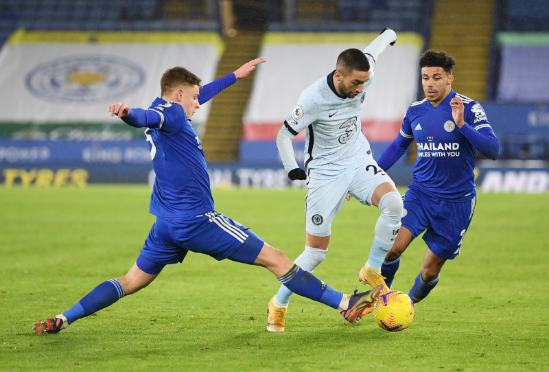 Leicester City's Harvey Barnes and James Justin in action with Chelsea's Hakim Ziyech during the Premier League match between Leicester City and Chelsea, at King Power Stadium, in  Leicester, Britain, on January 19, 2021. Photo: Pool via Reuters