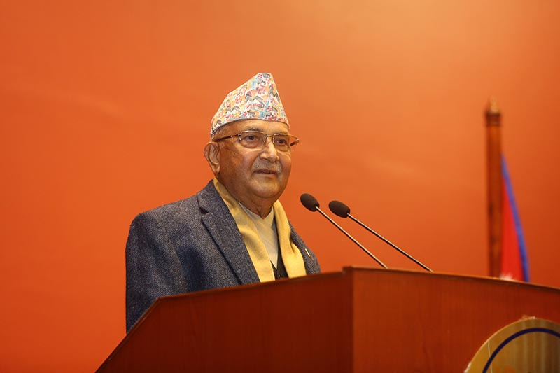 Prime Minister KP Sharma Oli addressing the National Assembloy meeting at Federal Parliament building in New Baneshwor, Kathmandu, on Sunday, January 10, 2021. Photo: RSS