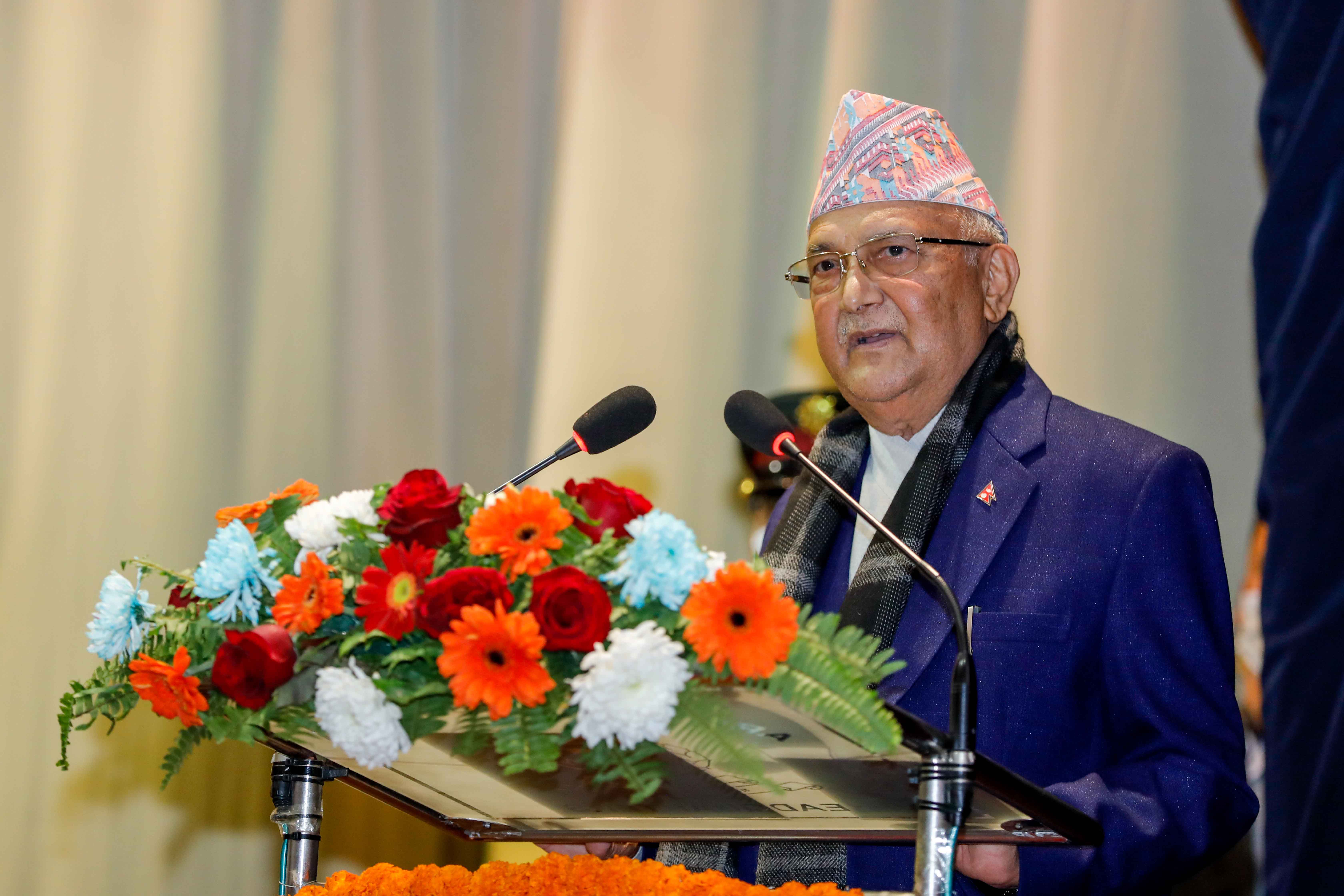 Prime Minister KP Sharma Oli addresses the event organised to mark the 20th establishment day of the Armed Police Force (APF) in Kathmandu, on Friday, January 22, 2021.   Photo Courtesy: Rajan Kafle/PM's Secretariat 