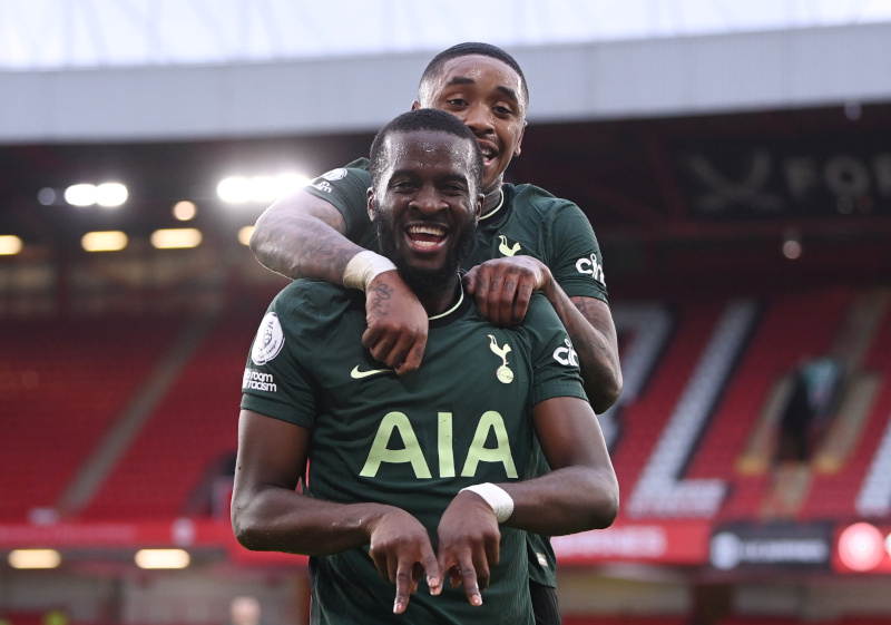 Tottenham Hotspur's Tanguy Ndombele celebrates scoring their third goal with Steven Bergwijn during the Premier League match between Sheffield United and Tottenham Hotspur, at Bramall Lane, n inSheffield, Britain, on January 17, 2021. Photo: Pool via Reuters