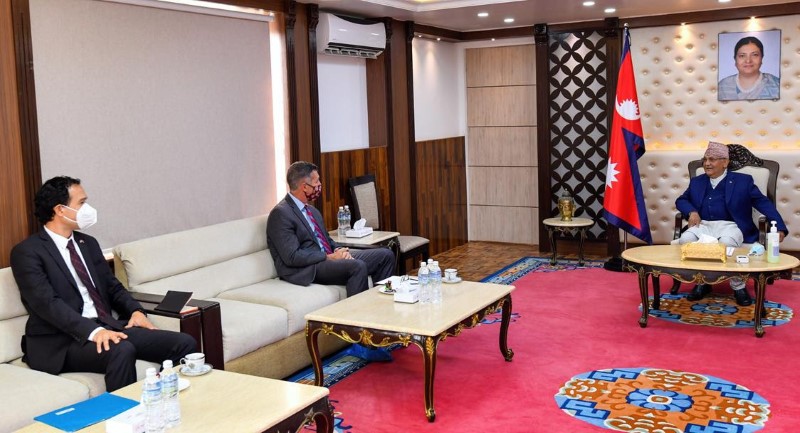 US Ambassador to Nepal Randy Berry meets Prime Minister KP Sharma Oli to discuss President Bidenu2019s top priorities, in Kathmandu, on Thursday, January 21, 2021. Photo Courtesy: US Embassy in Nepal