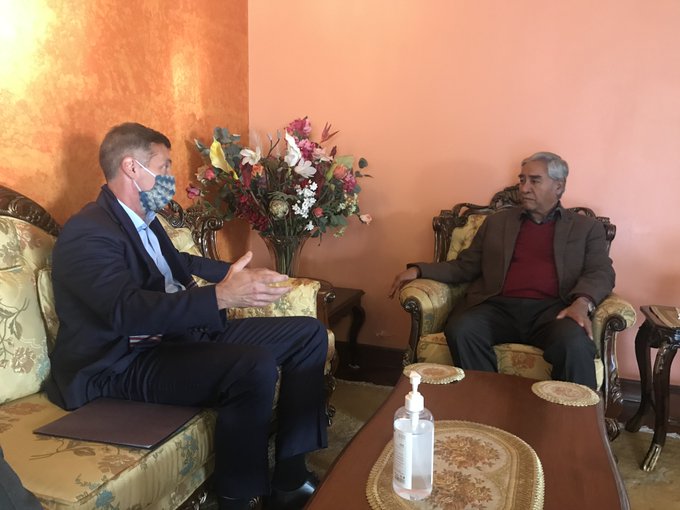 US Ambassador Randy Berry meeting with Nepali Congress President Sher Bahadur Deuba on Monday, January 25, 2021. Photo Courtesy: @USAmbNepal/ twittern